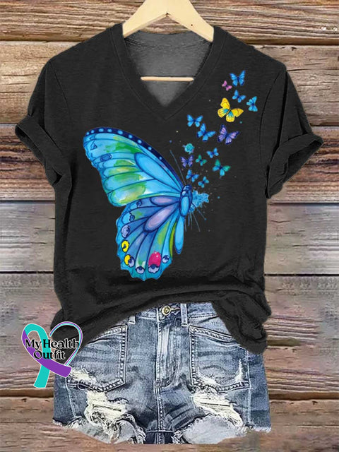 Women’s Butterfly V-neck Casual T-Shirt Black / S