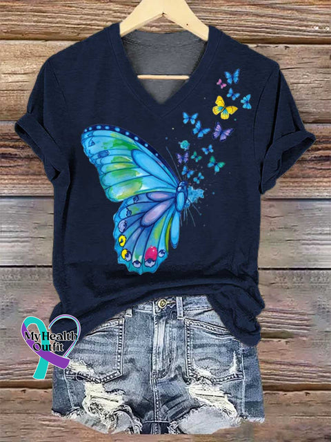 Women’s Butterfly V-neck Casual T-Shirt Blue / S