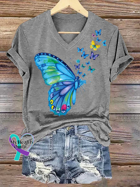 Women’s Butterfly V-neck Casual T-Shirt Grey / S