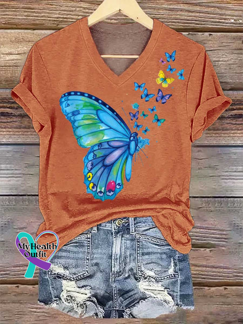 Women’s Butterfly V-neck Casual T-Shirt Orange / S