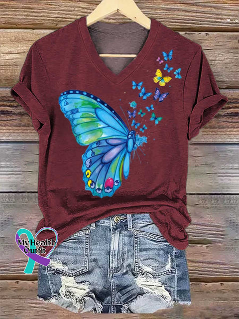 Women’s Butterfly V-neck Casual T-Shirt Red / S
