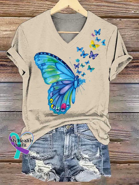Women’s Butterfly V-neck Casual T-Shirt Sand / S