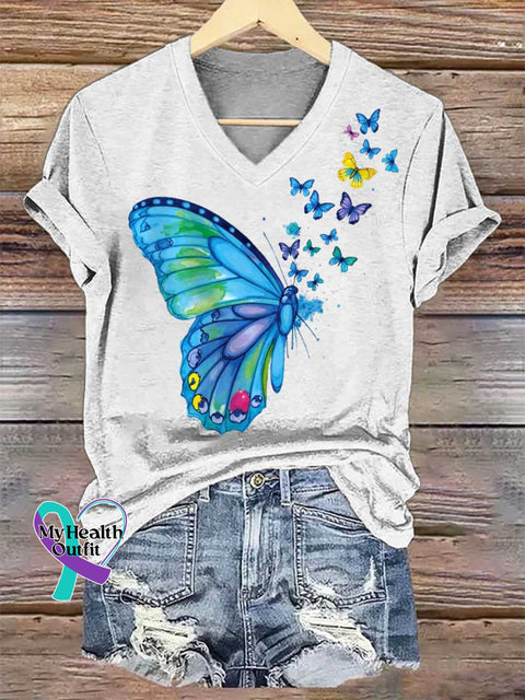 Women’s Butterfly V-neck Casual T-Shirt White / S