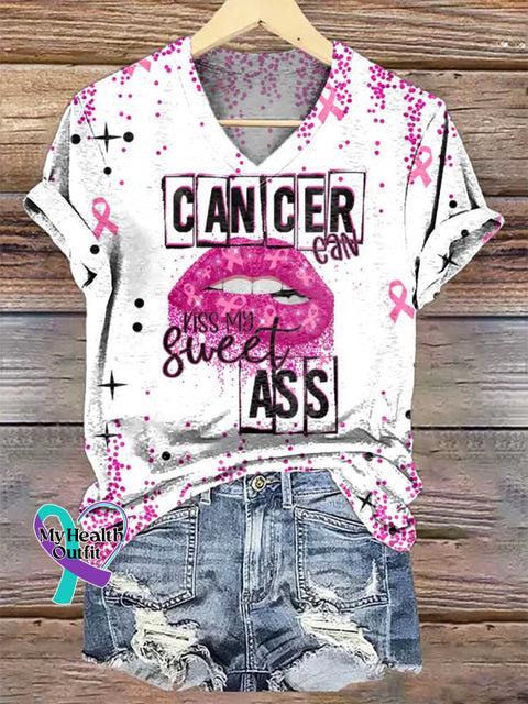 Women’s CANCER CAN KISS MY Sweet ASS V-neck Casual T-Shirt Multicolor / S