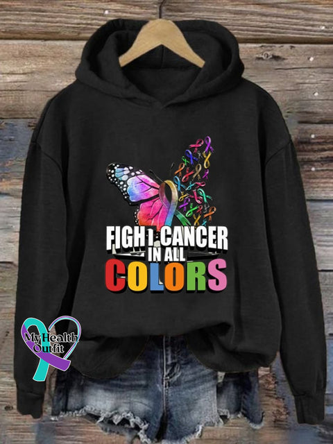 Women’s Cancer Day Butterfly Fight In All Colors Print Casual Long Sleeve Hoodie Black / S