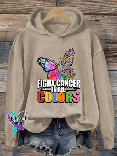 Women’s Cancer Day Butterfly Fight In All Colors Print Casual Long Sleeve Hoodie Khaki / S