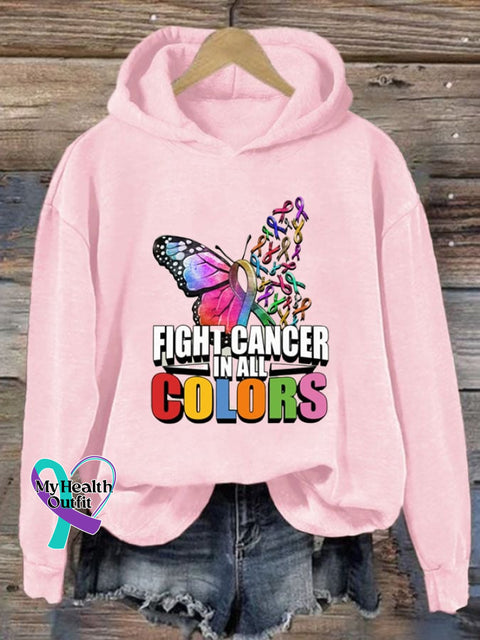 Women’s Cancer Day Butterfly Fight In All Colors Print Casual Long Sleeve Hoodie Pink / S