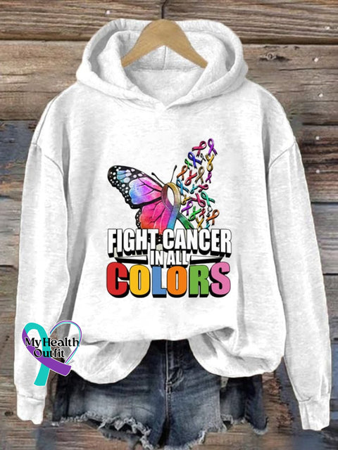 Women’s Cancer Day Butterfly Fight In All Colors Print Casual Long Sleeve Hoodie White / S