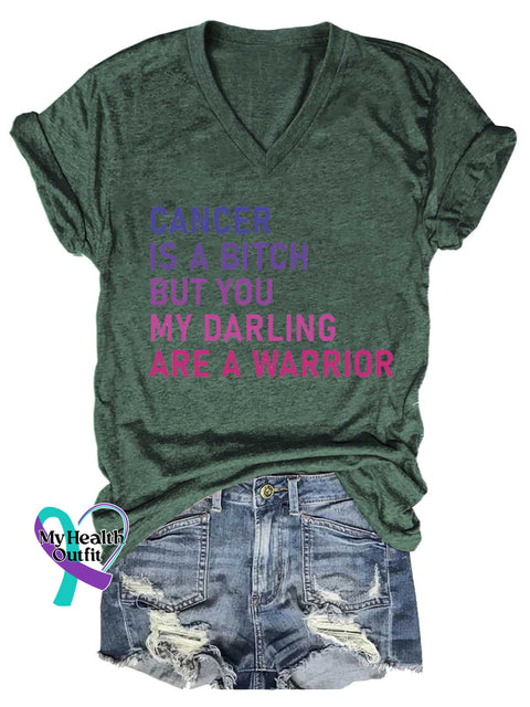 Women’s CANCER IS A BITCH BUT YOU MY DARLING ARE A WARRIOR Breast Cancer Awareness V-neck Casual T-Shirt Green / S