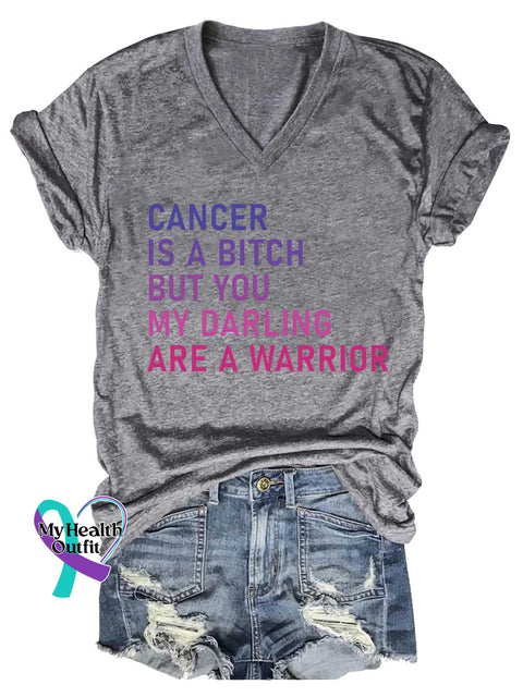 Women’s CANCER IS A BITCH BUT YOU MY DARLING ARE A WARRIOR Breast Cancer Awareness V-neck Casual T-Shirt Grey / S