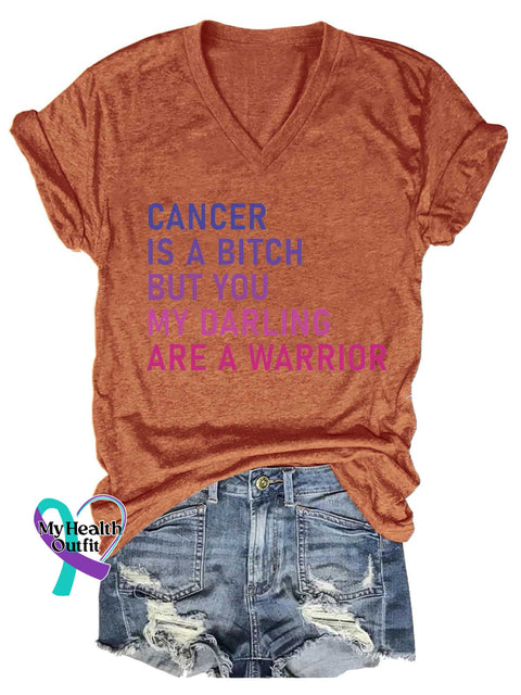 Women’s CANCER IS A BITCH BUT YOU MY DARLING ARE A WARRIOR Breast Cancer Awareness V-neck Casual T-Shirt Orange / S