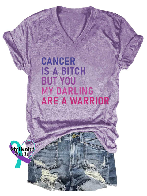 Women’s CANCER IS A BITCH BUT YOU MY DARLING ARE A WARRIOR Breast Cancer Awareness V-neck Casual T-Shirt Purple / S