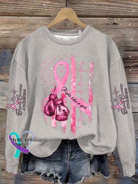 Women’s Casual Breast Cancer Awareness Print Long Sleeve Sweatshirt Apricot / S