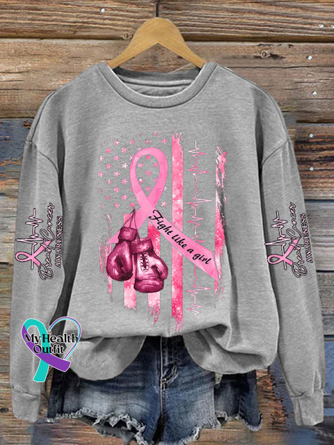 Women’s Casual Breast Cancer Awareness Print Long Sleeve Sweatshirt Light Grey / S