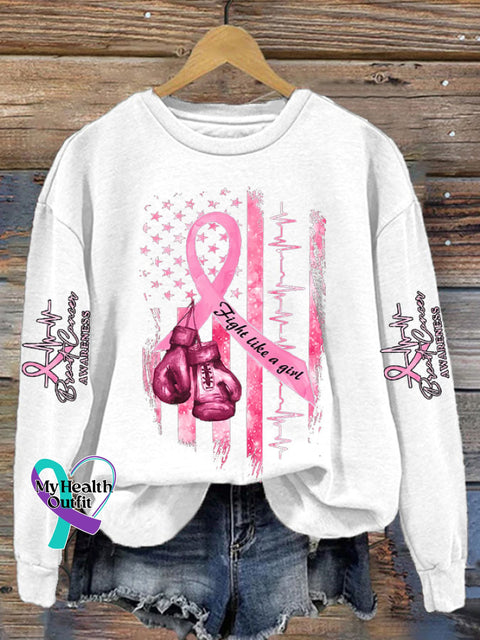 Women’s Casual Breast Cancer Awareness Print Long Sleeve Sweatshirt White / S