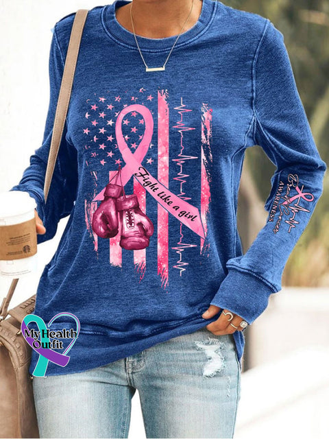 Women’s Casual Breast Cancer Awareness Printed Long Sleeve Sweatshirt Blue / S