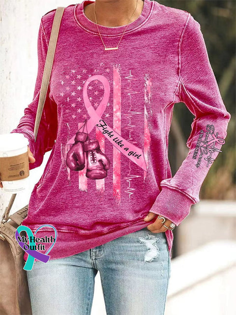 Women’s Casual Breast Cancer Awareness Printed Long Sleeve Sweatshirt Fuchsia / S