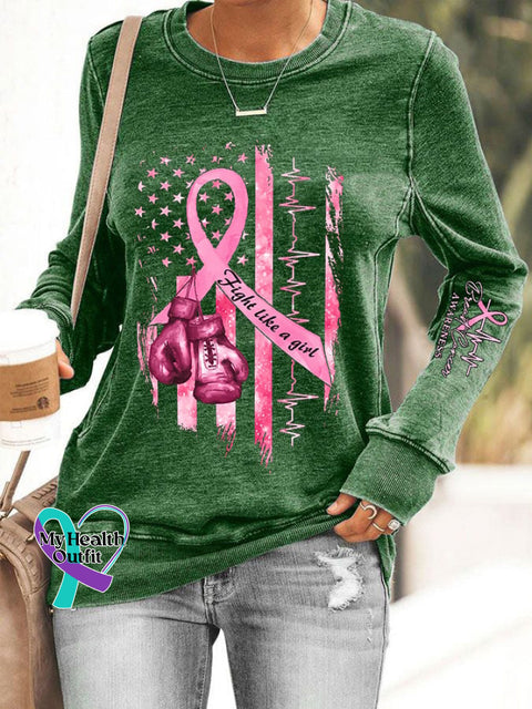 Women’s Casual Breast Cancer Awareness Printed Long Sleeve Sweatshirt Green / S