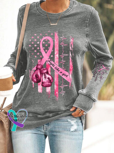 Women’s Casual Breast Cancer Awareness Printed Long Sleeve Sweatshirt Grey / S