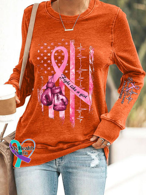 Women’s Casual Breast Cancer Awareness Printed Long Sleeve Sweatshirt Orange / S