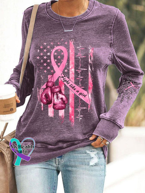 Women’s Casual Breast Cancer Awareness Printed Long Sleeve Sweatshirt Purple / S