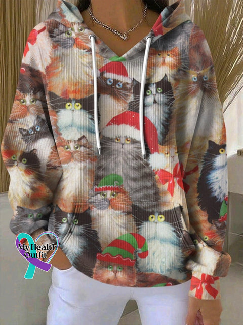 Women’s Casual Christmas Cat Print Hooded Sweatshirt As shown / S