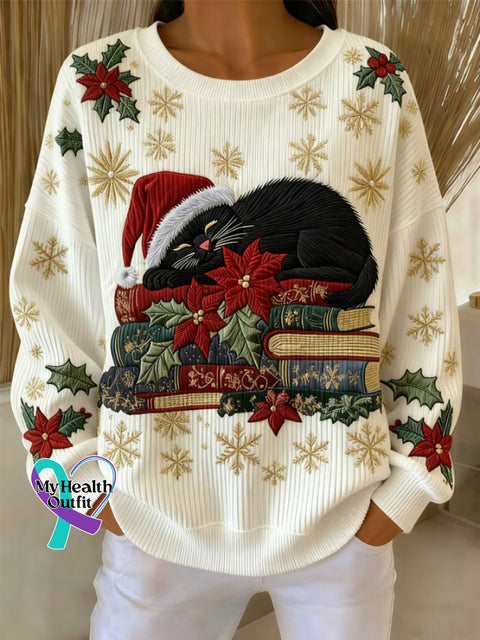 Women’s Casual Christmas Cat Print Sweatshirt As shown / S