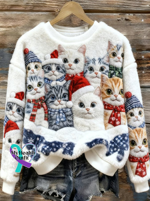 Women’s Casual Christmas Cat Print Sweatshirt As shown / XXS