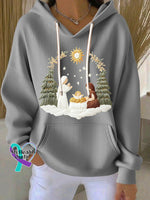 Women’s Casual Christmas Nativity Print Long Sleeve Hooded Sweatshirt Grey / S
