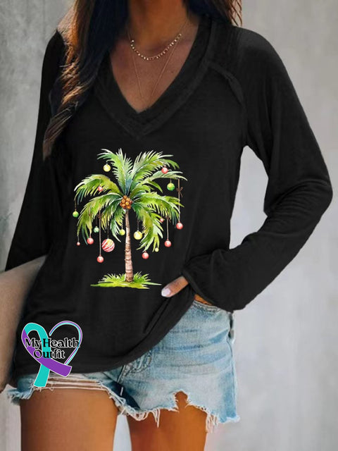 Women’s Casual Christmas Palm Tree Print Long Sleeve T-Shirt Black / S