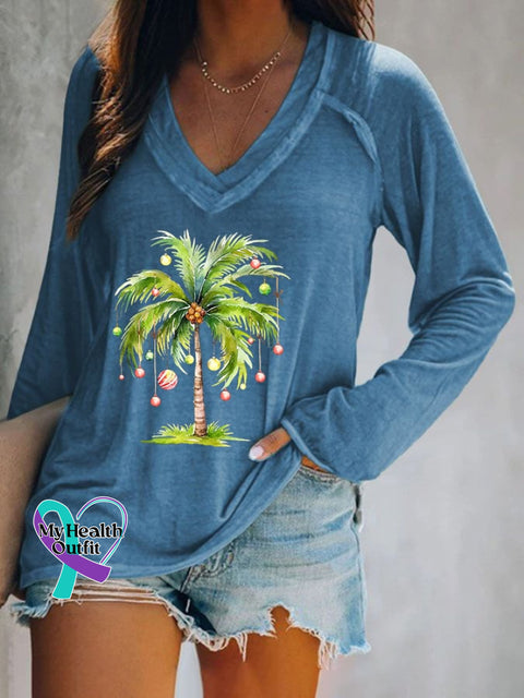 Women’s Casual Christmas Palm Tree Print Long Sleeve T-Shirt Blue / S