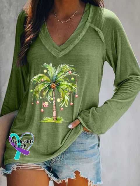 Women’s Casual Christmas Palm Tree Print Long Sleeve T-Shirt Green / S