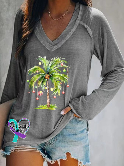 Women’s Casual Christmas Palm Tree Print Long Sleeve T-Shirt Grey / S