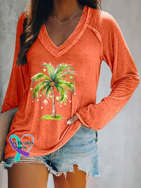 Women’s Casual Christmas Palm Tree Print Long Sleeve T-Shirt Orange / S