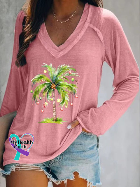 Women’s Casual Christmas Palm Tree Print Long Sleeve T-Shirt Pink / S
