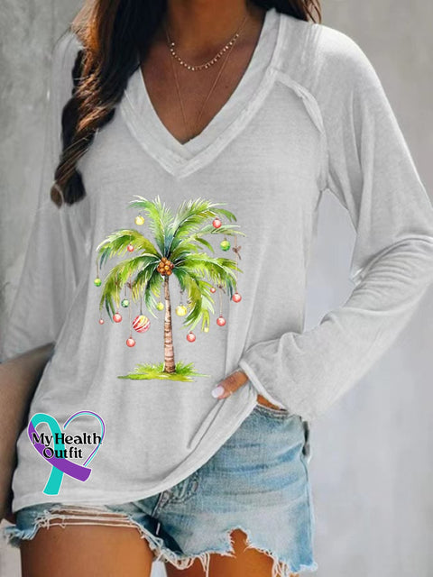 Women’s Casual Christmas Palm Tree Print Long Sleeve T-Shirt White / S
