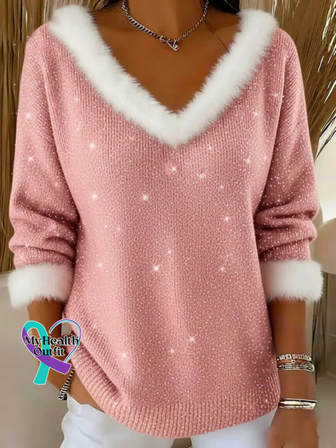 Women’s Casual Christmas Plush Sequined Top Pink / S
