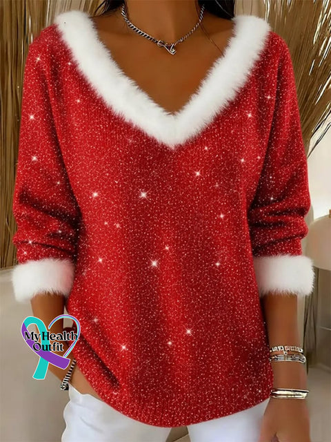 Women’s Casual Christmas Plush Sequined Top Red / S