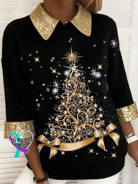 Women’s Casual Christmas Print Knit Top Black / S