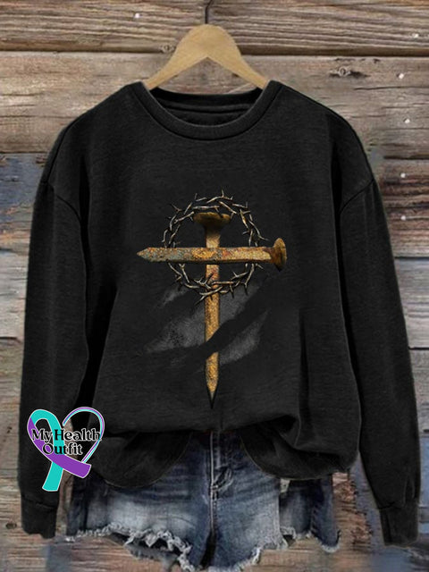 Women’s Casual Cross Printed Long Sleeve Sweatshirt Black / S
