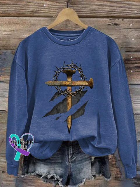 Women’s Casual Cross Printed Long Sleeve Sweatshirt Blue / S