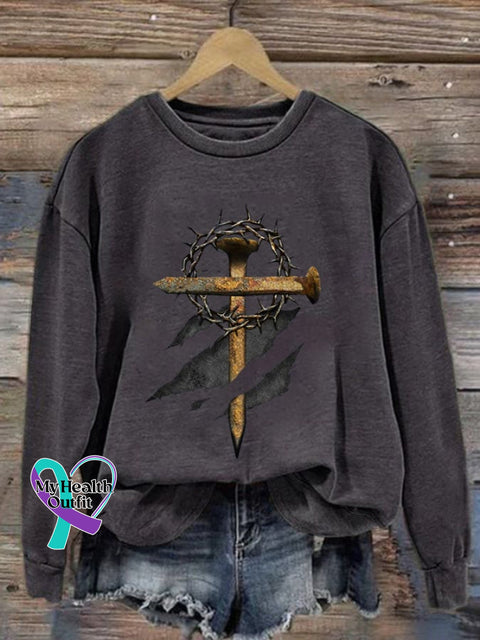 Women’s Casual Cross Printed Long Sleeve Sweatshirt Dark Grey / S
