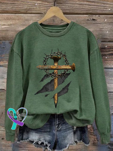Women’s Casual Cross Printed Long Sleeve Sweatshirt Green / S