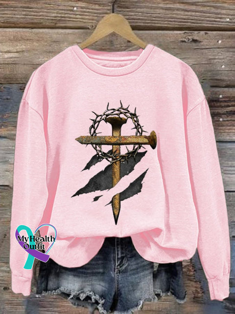 Women’s Casual Cross Printed Long Sleeve Sweatshirt Pink / S