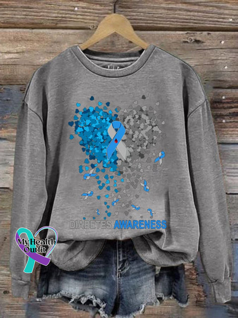 Women’s Casual Diabetes Awareness Print Long Sleeve Sweatshirt Light Grey / S