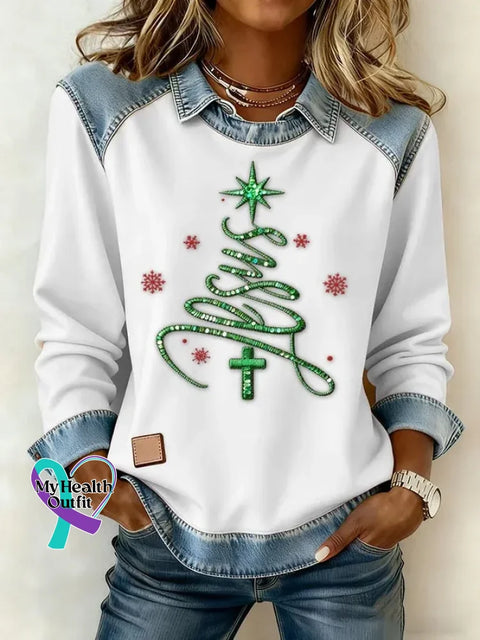 Women’s Casual Faith Christmas Tree Patchwork Denim Sweatshirt