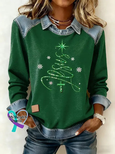 Women’s Casual Faith Christmas Tree Patchwork Denim Sweatshirt Green / S