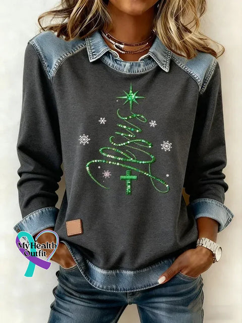 Women’s Casual Faith Christmas Tree Patchwork Denim Sweatshirt Grey / S