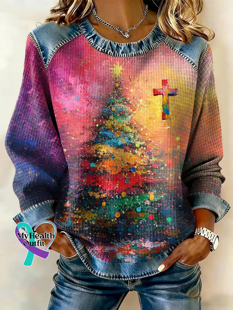 Women’s Casual Faith Christmas Tree Patchwork Denim Sweatshirt Multicolor / S