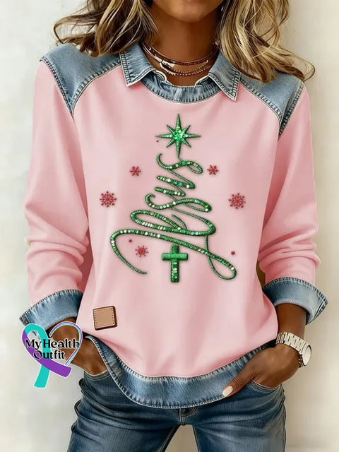 Women’s Casual Faith Christmas Tree Patchwork Denim Sweatshirt Pink / S
